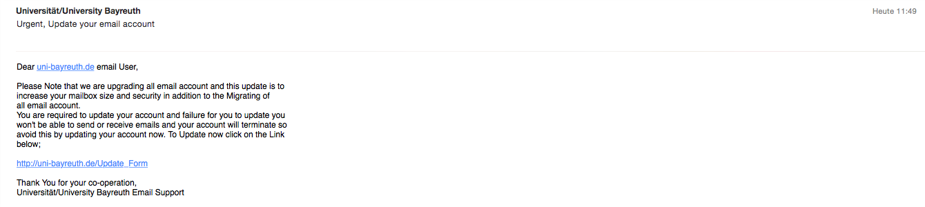 Anschauungsbeispiel für eine Phishingmail.